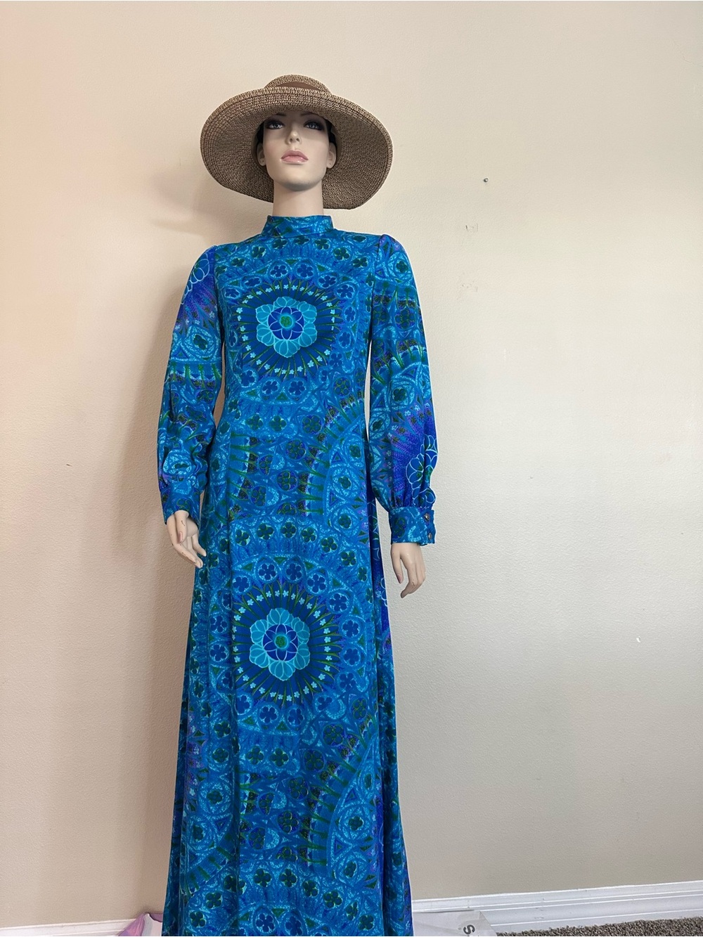 Vintage 70s Blue Mandala Maxi Dress Mock Neck - Size 0-2